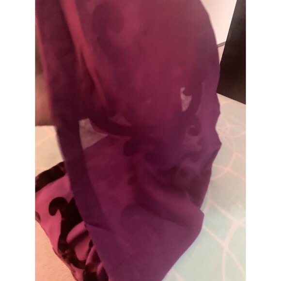 Vtg Anne Klein Sheer Nylon Velvet Plum Wine Scroll w Fringe Neck Scarf 7" x 64" - Picture 10 of 11